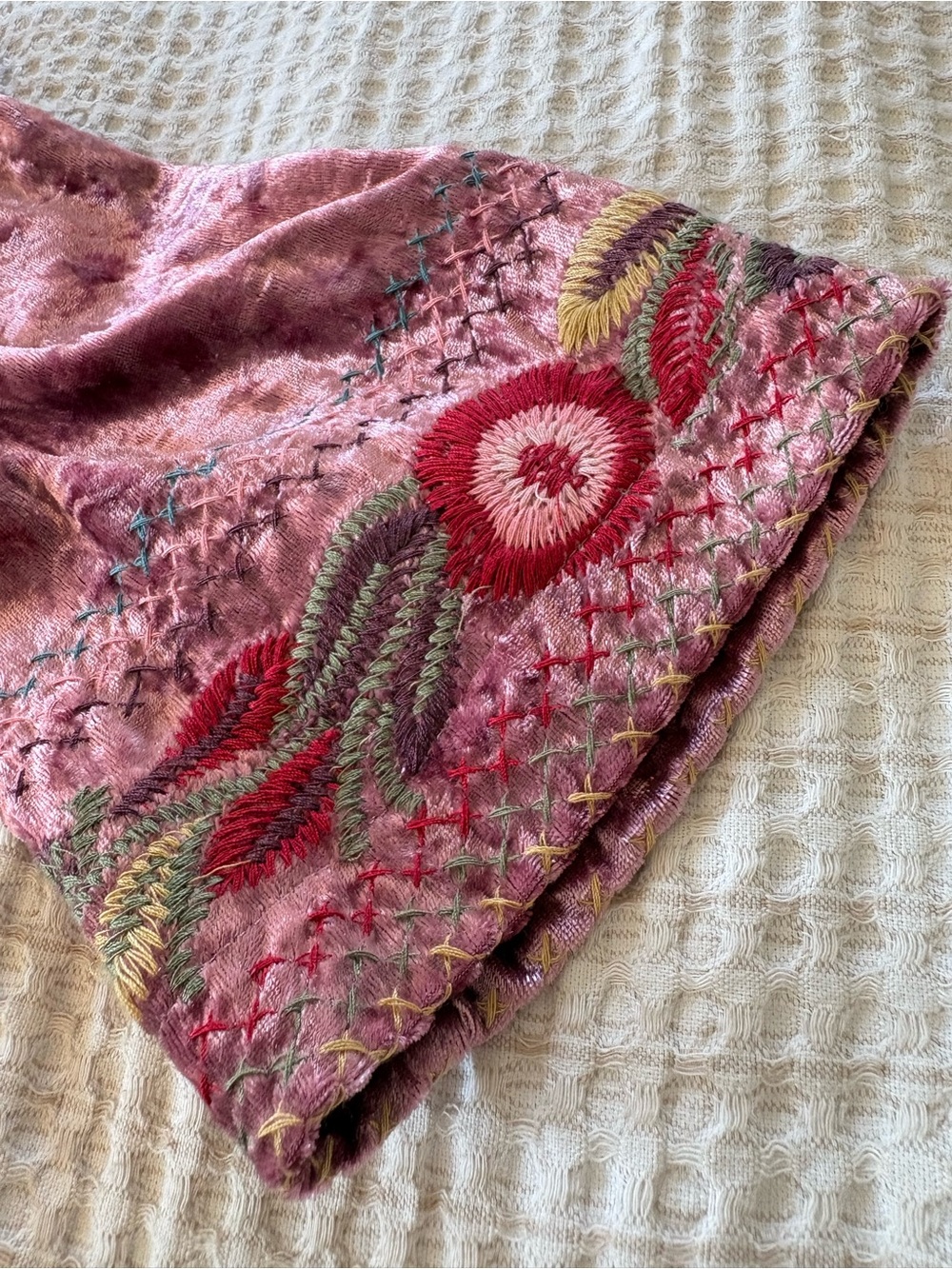 Orange Creek Floral Embroidered Crushed Velvet Dress S Mauve Midi Boho Flapper - Picture 11 of 13